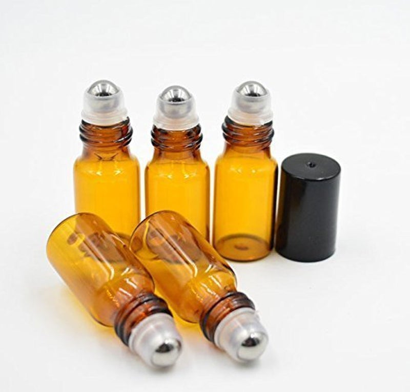 WOIWO 5 PCS Amber Empty Brown Glass Roll-on Bottles With Stainless Steel Roller Balls And Black Cap For Essential Oil Perfumes Lip Balms 5 ML - Image 2